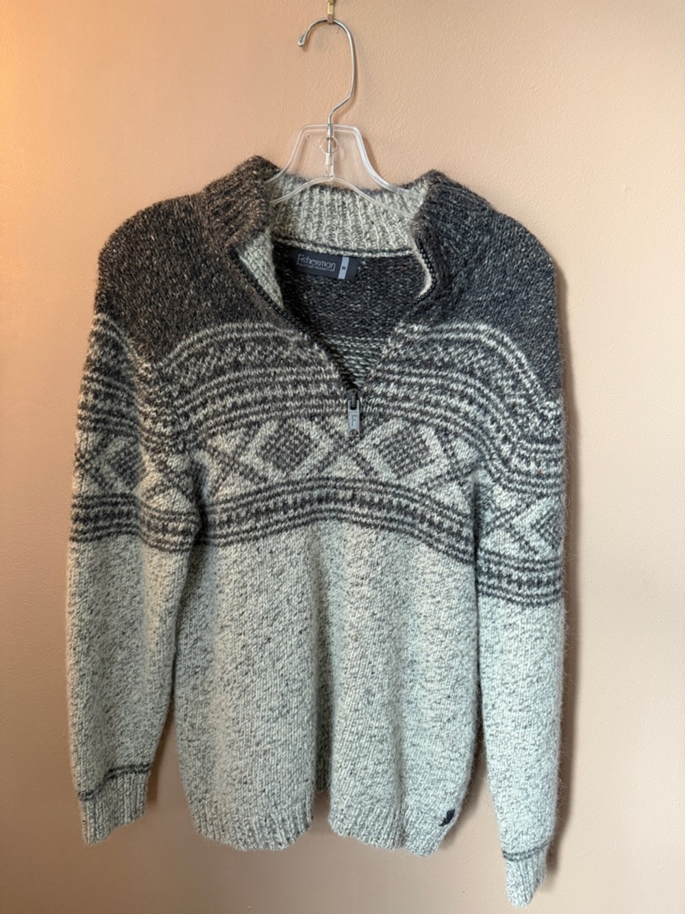 Fisherman Half-Zip Men's Wool Blend Cardigan Sweater - Gray/Charcoal